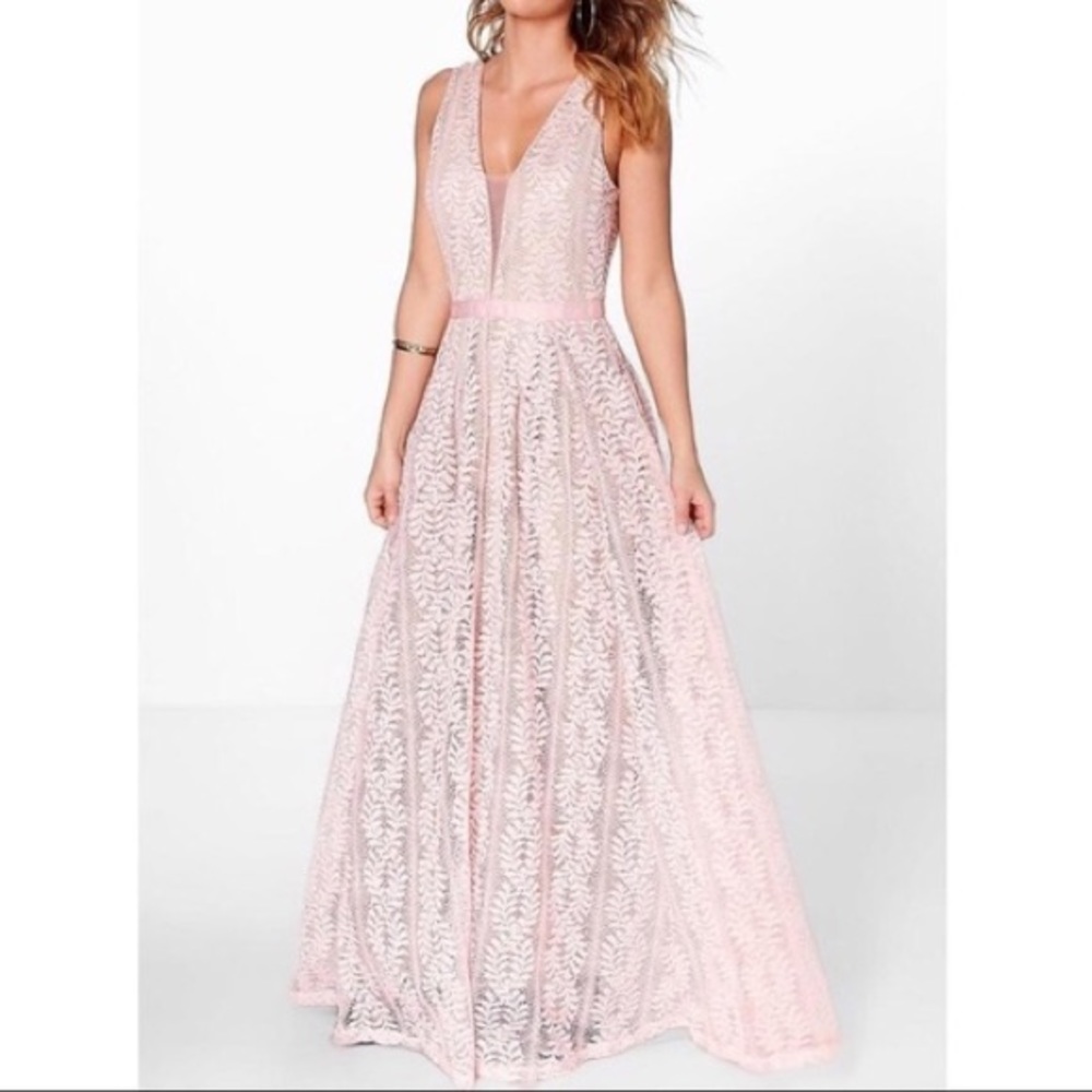 LUCY WANG LACE DEEP V NECK MAXI DRESS